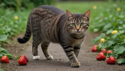 A cute cat walking upright. Cat is smiling, walking on two feet.A very cute tabby female cat, european shorthair, (very dark brown-grey short fur, green yellow eyes), in a garde full of big strawberries.. ktt, petro-strwberr, made, from, strawberry, <lora:Kitty LoRA - Trigger with KTT Artstyle:1.4>, <lora:1.2C_V2_E14_Strawberry_Fun_XL:1.1>, <lora:MadeFromStrawberryXL:1.7>