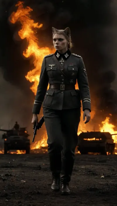 A tall slim tabby cat, Nazi female cat, walking towards the viewer, (european shorthair, brown greeneyes, dark gray fur), traditional German nazi clothing, ss camouflage uniform, SS high rankuniform, nazi clothing, iron cross first class, she is leading a fierce group of armed german soliers. In an country town, burning houses, fire a d explosions, corpses lying around, burning tanks, cannons, soldiers, burning old houses, 4rt_0f_w4r, clothes, inferno, all, over, black, background, flame, jet, from, right, left, below, big, calm, flames, silhouette, sparkles, glitter, <lora:ArtOfWar-xl1024-v1a-0__4rt_0f_w4r:1.7>, <lora:uniform:1.9>, <lora:dark:.3>, <lora:inferno:1.4>, <lora:Sparkle_Explosion:1.8>