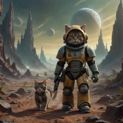 A Rocky strange landscape on an alien planet in space. A cute cat walking upright. Cat is smiling, walking on two feet.A very cute tabby female cat, (very dark brown-grey fur, green yellow eyes), in a toy spacesuit with astronaut helmet. ktt, Knight, armor, holding, bolter, power, sword, primaris, helmet, <lora:Kitty LoRA - Trigger with KTT Artstyle:.9>, <lora:primaris_marine-knight_armor-000007:2>, <lora:Surreal_Space-000013:1.1>