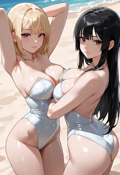 (2 Asian Girls:1.3), (at beach:1.2), (white sttapless leotards:1.5), (short blonde hair, long black hair:1.3), (:1.3), (:1), (posing:1.5), (:1.4), (:1.5), (:1.2)