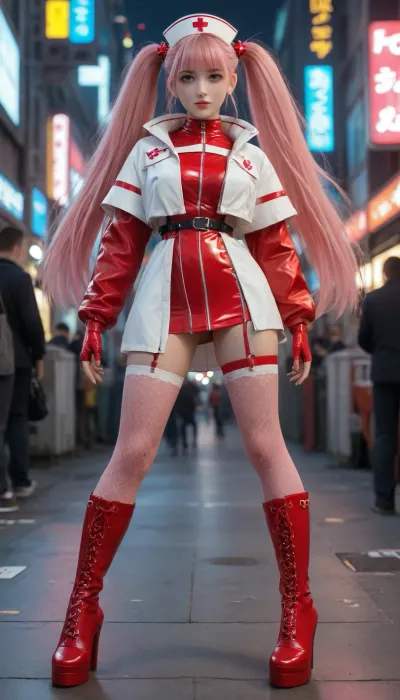 Mid 40s female in a fullfilled cyberpunk-city with many glowing neon signs, a Nurse in s short skinfitting Red Latex nurse body, very long, ((pink pigtails)), White Latex garters and fishnet stockings, Red laced Platform High Heel overknee boots, walks aimless in an cyberpunk-city around