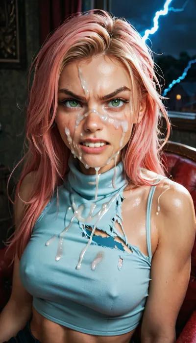 lightning_farron, 1girl, solo, ultrahhughe pink_hair, looking_at_viewer, teeth, clenched_teeth, hair_between_eyes, ultra long long_hair, Windows_background, excessive torn shoulder free crop top, green_eyes, angry, turtleneck, chair, bare_shoulders, sitting, upper_body, sleeveless, sweatdrop, v-shaped_eyebrows, scowl, hair_over_shoulder, blush, Portrait, excessive facial cum on face, excessive cum in hair