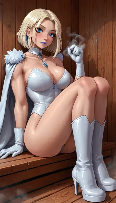(innv meets jack cayless style), (reiq style, masterpiece, cel-shaded, limited color palette), ((Beautiful Muscles Sexy Emma Frost from marvel rivals body:1.5)), (1girl, solo, alone, 21 year old woman), (gorgeous, Blue eyes, Blonde Hair, bob cut hairstyle that frames her face, ice blue lips, seductive face, ads, huge breast, muscles body, perfect hands, perfect legs, thick thighs, wide hips, big ass, sweaty body), (Sexy Emma Frost from marvel rivals white sleeved leotard with blue highlights that exposes upper chest, Costume), (crystal shoulderpats), (Emma Frost from marvel rivals white heeled boots that extend halfway up legs), (posing), (sauna, steam, smoke, sauna background:1.3), ultraviolet light, LoL, Style, lineart, line, art, flat, colors, color, mad-ice, <lora:LCMTurboMix_Euler_A_fix:2>, <lora:lineartSDXL:2>, <lora:mk_Bp Anime_xl:2>, <lora:EnvyBeautyXL06:2>, <lora:Ice_SDXL:2>