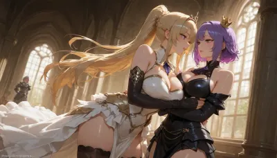 long_hair, breasts, open_mouth, short_hair, blue_eyes, large_breasts, blonde_hair, multiple_girls, long_sleeves, gloves, dress, thighhighs, 2girls, cleavage, bare_shoulders, very_long_hair, medium_breasts, brown_eyes, standing, purple_eyes, braid, purple_hair, multicolored_hair, sidelocks, thighs, cowboy_shot, frills, parted_lips, detached_sleeves, sleeveless, black_gloves, indoors, artist_name, black_thighhighs, elbow_gloves, fingerless_gloves, white_dress, hair_bun, looking_at_another, black_dress, yuri, armor, grey_eyes, clothing_cutout, sleeveless_dress, window, single_braid, cleavage_cutout, single_hair_bun, crown, tiara, tassel, pelvic_curtain, gold_trim, braided_ponytail, black_sleeves, arm_grab, armored_dress, mini_crown, holding_another's_arm, hand_on_another's_arm