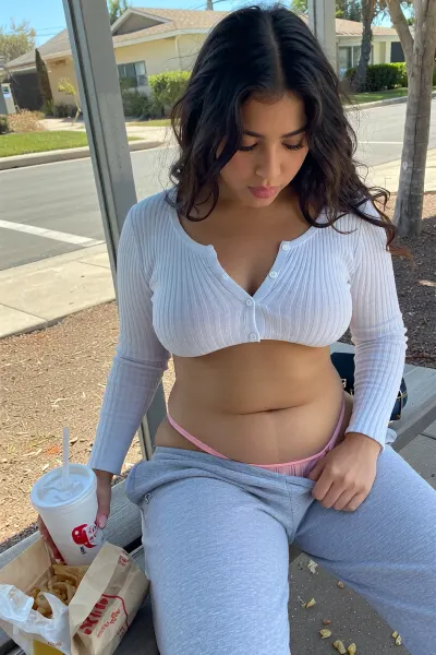 young busty mexican girl, 19 yo. thick curvy build, chubby, pudgy tummy, obese, big hips, mega wide mewto hips, (melanin rich dark brown skin), deep complexion, very tan, long dark brown wavy curly somewhat messy hair, white ribbed button henley crop top, buttons straining, extremely tight across her chest, deep cleavage, extreme low rise grey sweat pants, pink thong waist band visible peeking above pants waist, sitting on a bus stop bench outside in a suburban neighborhood, sunny day, she has a drink with lid and straw in hand, a greasy fast food bag is sitting next to her, crumbs and french fries fallen, high angle view from 3/4 side, closeup on cleavage, (downblouse view), she's busy looking for something in her purse, her gaze is downward on her purse, unaware candid, amateur iphone photo
