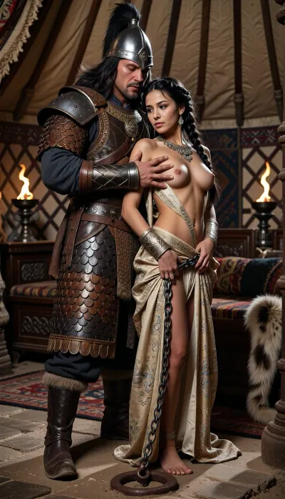A cinematic, highly realistic photograph of the barbarian khan's captive, a young woman with distinct Sogdian features—refined, soft facial contours, almond-shaped dark eyes, and long, dark braided hair interwoven with delicate silver threads—standing on a dusty stone floor. She wears the remnants of her traditional, heavily embroidered silk caftan, which is parted open in front to reveal her bare breasts and sun-kissed skin. Standing close her is the powerful Mongol Khan, who has strong, authentic East Asian features, a weathered, sun-bronzed complexion, high and prominent cheekbones, and a thin, drooping mustache. The Khan wears highly detailed, historical nomadic armor made of overlapping hardened leather lamellar scales and iron pauldrons showing signs of battle wear, with a conical iron helmet trimmed with dark sable fur, his large, strong arms embracing her from behind, wrapping comfortably around her torso. A simple, heavy iron chain of captivity is locked around her waist, its links trailing down to a rusted ring anchored in the stone floor, with her own hands, she is gently holding the fabric of her parted silk attire, while her face expresses a deep sense of total abandon and profound love, with her facial features fully relaxed. In the background, the interior of a vast yurt-palace is visible, with walls lined with patterned felt rugs, burning iron braziers casting a flickering orange glow, and a massive, low-slung wooden throne draped in thick, coars pelts. The atmosphere is intimate, heavy, and warm. The lighting is dramatic and natural, with shafts of dusty sunlight cutting through the roof opening of the yurt, mixing with the warm, harsh firelight of the braziers to create deep shadows and highlighting the rich, detailed textures of skin, leather, and fabric. The composition is close and vertical, focusing on the two standing figures, with the camera placed at eye level to capture the intense, intimate connection and the contrast between her soft skin and his rugged armor. The overall mood is sensual, historical, and emotionally charged, captured with the hyper-detailed texture, depth of field, and sharp focus of a modern historical epic film.