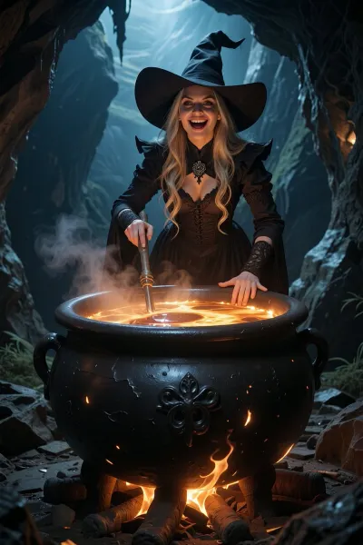 a wicked witch standing over a large boiling cauldron in a dark cave grinning