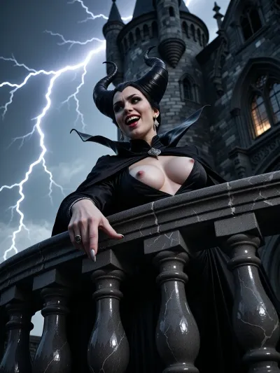 a voluptuous wicked queen, standing on the balcony of her dark medieval castle, pointing with one finger below with a outstretched arm, evil grin, dressed in black, very deep cleavage, a lightning strike in the sky