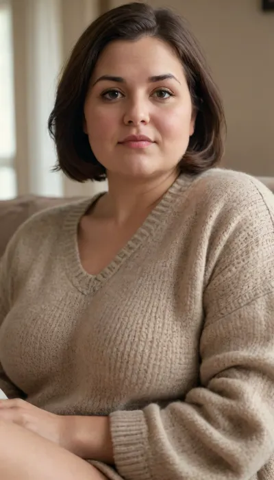 Photorealistic chubby mature brunette woman, mid-40s to 50s, natural beauty, (chubby:1.4), (obese:.8), short dark brown straight bob haircut, brown eyes, authentic appearance, soft facial features, minimal makeup, thick oversized knitted sweater, cozy winter atmosphere, warm indoor lighting, sitting on a couch with a blanket, natural chubby mature body proportions, realistic skin texture, detailed wool knit fabric, shallow depth of field, cinematic photography, lifestyle magazine quality, ultra realistic, 85mm lens, high detail, soft bokeh, warm color grading, candid moment, comfortable and approachable, girl-next-door aesthetic, showing hairy pussy, playing with her pussy