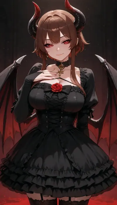 1girl, solo, demon_girl, pink_skin, brown_hair, short_hair_with_long_locks, sidelocks, red_eyes, black_sclera, colored_sclera, smile, closed_mouth, looking_at_viewer, standing, arm_behind_back, hand_up, collarbone, breasts, gothic_lolita, lolita_fashion, black_dress, frilled_dress, cross_laced_dress, frills, collar, long_sleeves, bridal_gauntlets, thighhighs, black_thighhighs, jewelry, yellow_choker, rose, red_rose, bat_wings, demon_wings, cowboy_shot