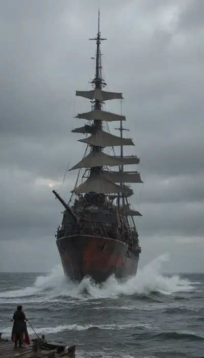 Photorealistic cinematic photograph of the legendary pirate ship Queen Anne's Revenge, Blackbeard's flagship, battling a ferocious stormy sea. Massive 18th-century wooden galleon with weathered dark hull covered in barnacles, intricate rigging, tattered black sails, multiple skull and crossbones flags whipping in the wind, cannons visible on deck. Giant crashing waves with realistic white foam and spray, ship tilting dramatically in the storm, heavy rain, dark ominous clouds, lightning strikes illuminating the scene. Ultra-detailed textures on wet wood, ropes, sails, and metal, natural dynamic lighting, moody atmosphere, shot on high-end camera, 8k resolution, National Geographic level realism, sharp focus, masterpiece
