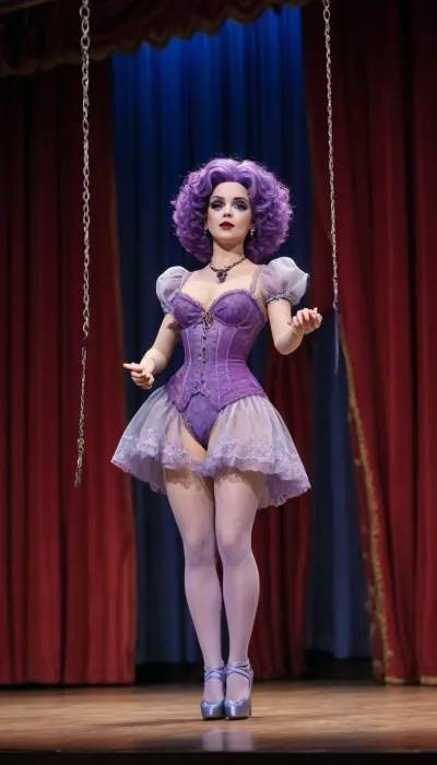 Malvina, (Buratino), with large breasts, dressed in a purple lace bra, purple lace panties, purple lace stockings, and purple high-heeled shoes, depicted as a marionette doll, curly blue hair, standing on the stage of Karabas Barabas's theater.