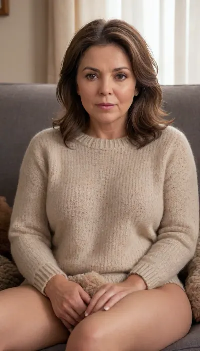 Photorealistic chubby mature brunette woman, mid-50s to 60s, full body view, natural beauty, (mature:1.6), (chubby:1.4), (obese:.8), short dark brown straight bob haircut, brown eyes, authentic appearance, soft facial features, minimal makeup, (thick oversized knitted sweater:1.4), cozy winter atmosphere, warm indoor lighting, sitting on a couch with a blanket, natural chubby mature body proportions, realistic skin texture, detailed wool knit fabric, shallow depth of field, cinematic photography, lifestyle magazine quality, ultra realistic, 85mm lens, high detail, soft bokeh, warm color grading, candid moment, comfortable and approachable, girl-next-door aesthetic, (showing very hairy pussy:1.4), (playing with her pussy:1.4), <lora:Beautify-Supermodel-SDXL:1.6>, <lora:brasilGPv1:1.4>