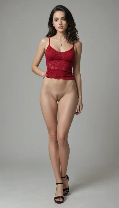 The image shows a young woman with long dark hair, standing in full view against a bright red, almost burgundy gradient with a smooth transition to orange and yellow tones at the bottom.
The woman is wearing a semi-transparent burgundy tank top with a lace insert in the chest area. She is holding the bottom of the tank top up with her hands, revealing the upper part of her body. She has a necklace of dark beads around her neck.
The lower part of the woman's body is completely naked. She is wearing black high-heeled sandals with patterned cutouts.