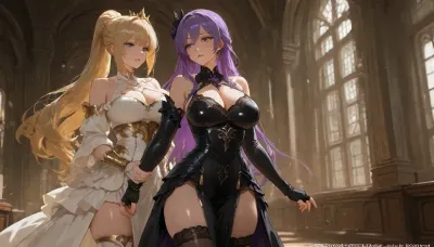 long_hair, breasts, open_mouth, short_hair, blue_eyes, large_breasts, blonde_hair, multiple_girls, long_sleeves, gloves, dress, thighhighs, 2girls, cleavage, bare_shoulders, very_long_hair, medium_breasts, brown_eyes, standing, purple_eyes, braid, purple_hair, multicolored_hair, sidelocks, thighs, cowboy_shot, frills, parted_lips, detached_sleeves, sleeveless, black_gloves, indoors, artist_name, black_thighhighs, elbow_gloves, fingerless_gloves, white_dress, hair_bun, looking_at_another, black_dress, yuri, armor, grey_eyes, clothing_cutout, sleeveless_dress, window, single_braid, cleavage_cutout, single_hair_bun, crown, tiara, tassel, pelvic_curtain, gold_trim, braided_ponytail, black_sleeves, arm_grab, armored_dress, mini_crown, holding_another's_arm, hand_on_another's_arm