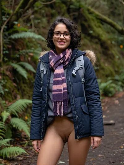 A full body portrait of a young woman with bob cut curly dark brown hair, wearing rectangular glasses with thin brown frames. She has a warm, friendly smile and is looking directly at the camera. She wears a dark navy blue puffer jacket with a fur-trimmed hood, a purple and pink striped scarf with fringe, and a backpack with grey straps. She is naked underneath, presenting us her pussy, that gapes wide after sex. Her pose is relaxed and natural, standing on a narrow forest path. The background features a lush, green woodland with dense foliage, ferns, and a mossy hillside, suggesting a natural, outdoor setting. Soft, diffused daylight illuminates the scene, creating even lighting with subtle shadows. The atmosphere is calm and serene. The image has a realistic, documentary-style aesthetic with natural colors and a shallow depth of field, keeping the subject in sharp focus while softly blurring the background. The overall mood is peaceful and approachable, capturing a candid moment during a hike.
