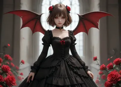1girl, solo, demon_girl, pink_skin, brown_hair, short_hair_with_long_locks, sidelocks, red_eyes, black_sclera, colored_sclera, smile, closed_mouth, looking_at_viewer, standing, arm_behind_back, hand_up, collarbone, breasts, gothic_lolita, lolita_fashion, black_dress, frilled_dress, cross_laced_dress, frills, collar, long_sleeves, bridal_gauntlets, thighhighs, black_thighhighs, jewelry, yellow_choker, rose, red_rose, bat_wings, demon_wings, cowboy_shot