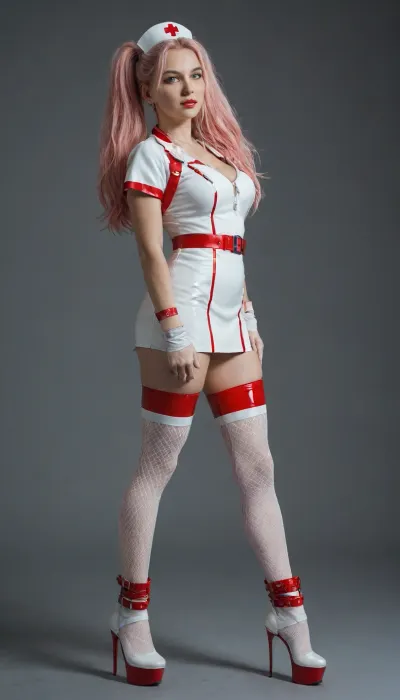 Mid 40s female, a Nurse in s short skinfitting Red Latex nurse body, very long, ((pink pigtails)), White Latex garters and fishnet stockings, Red laced Platform High Heel overknee boots, walks aimless in an cyberpunk-city around