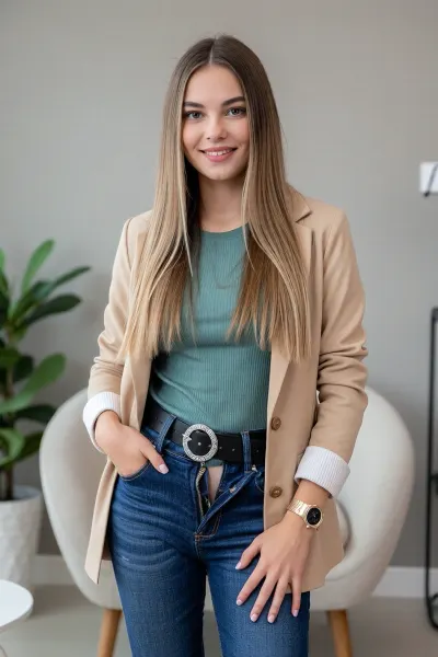 A professional portrait of a young woman with long, straight, light brown hair featuring subtle blonde highlights, parted in the middle. She has a warm, friendly smile, bright eyes, and natural makeup. The subject is positioned centrally in a medium shot, facing the camera with a relaxed, confident pose—her left hand in her pocket and her right hand resting lightly on her thigh. She wears a beige blazer over a teal ribbed top, paired with blue high-waisted jeans and a black belt with a large silver circular buckle. The zipper of her jeans is pulled down, revealing her pussy. A gold-toned watch is visible on her left wrist. The setting is a modern, minimalist interior with a neutral gray wall, a soft white armchair with wooden legs, and a green potted plant to the left. The lighting is soft, even, and diffused, creating a clean, professional ambiance with subtle shadows. The overall style is a high-resolution, naturalistic portrait with a shallow depth of field, emphasizing the subject while softly blurring the background. The mood is approachable, confident, and contemporary.