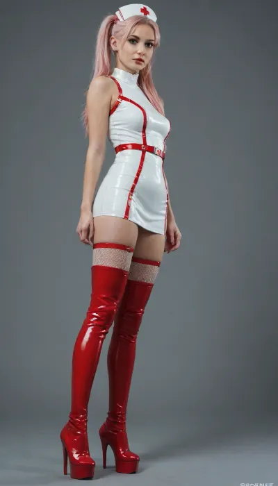 Mid 40s female, a Nurse in s short skinfitting Red Latex nurse body, very long, ((pink pigtails)), White Latex garters and fishnet stockings, Red laced Platform High Heel overknee boots, in an cyberpunk-city