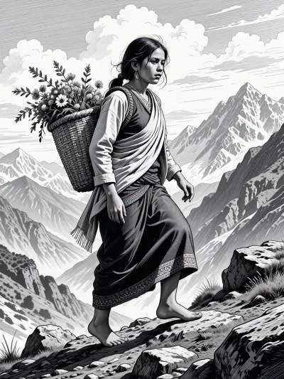 Create a detailed black and white sketch of a young Nepali woman walking along a rugged mountain trail. She is dressed in traditional attire, with a shawl draped over her shoulders, contrasting with the monochrome sketch. The woman carries a woven basket on her back, filled with wildflowers, subtly hinted at in shades of grey. The composition should capture her in mid-stride, with one foot balancing on a rocky outcrop, conveying a sense of motion and determination. The background features majestic, snow-capped peaks under a cloudy sky, lending depth to the scene. Use fine lines and hatching techniques to depict the textures of her clothing and the rough terrain.

Aim for high-quality, to ensure crisp details, particularly in the woman’s facial expression, which should exude a mix of resilience and serenity in this tranquil yet challenging environment.