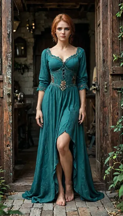 Super realistic 8k style, score_9, score_8_up, score_7_up, FILM PHOTOGRAPHY STYLE, triss Merigold From witcher, green dress, full body view, <lora:detailed_notrigger:2>, <lora:lactation_XL_0_:.8>, <lora:add-detail-xl:.8>, <lora:LCMTurboMix_Euler_A_fix:.8>