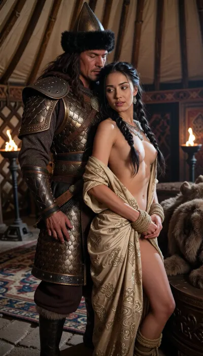 A cinematic, highly realistic photograph of the barbarian khan's captive, a young woman with distinct Sogdian features—refined, soft facial contours, almond-shaped dark eyes, and long, dark braided hair interwoven with delicate silver threads—standing on a dusty stone floor. She wears the remnants of her traditional, heavily embroidered silk caftan, which is gently parted open in front to elegantly reveal her bare breasts and sun-kissed skin. Standing close behind her is the powerful Mongol Khan, who has strong, authentic East Asian features, a weathered, sun-bronzed complexion, high and prominent cheekbones, and a thin, drooping mustache. The Khan wears highly detailed, historical nomadic armor made of overlapping hardened leather lamellar scales and iron pauldrons showing signs of battle wear, with a conical iron helmet trimmed with dark sable fur, his large, bare, calloused hands gently holding back the fabric of her silk attire. Her wrists are tightly bound together in front of her, securely held touching each other by several tight wraps of a single coarse hemp rope that physically links her hands in a fixed, joined position, yet she leans her head slightly back with her eyes softly closed, her facial expression one of quiet pleasure and surrender, her lips parted in a soft sigh. In the background, the interior of a vast yurt-palace is visible, with walls lined with patterned felt rugs, burning iron braziers casting a flickering orange glow, and a massive, low-slung wooden throne draped in thick, coarse bear and wolf pelts. The atmosphere is intimate, heavy, and warm. The lighting is dramatic and natural, with shafts of dusty sunlight cutting through the roof opening of the yurt, mixing with the warm, harsh firelight of the braziers to create deep shadows and highlighting the rich, detailed textures of skin, leather, and fabric. The composition is close and vertical, focusing on the two standing figures, with the camera placed at eye level to capture the intense, intimate connection and the contrast between her soft skin and his rugged armor. The overall mood is sensual, historical, and emotionally charged, captured with the hyper-detailed texture, depth of field, and sharp focus of a modern historical epic film.
