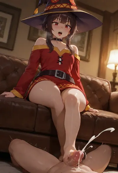 Megumin, footjob, cumshot, strong ejaculation, dominant female, submissive male, femdom, Hypnosis, surprised, panting breath, uncensored, on couch, warm interior night time lighting, wide angle, dripping, dynamic angle, cum in mouth
