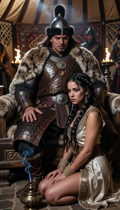 A cinematic, highly realistic photograph of the barbarian kahn's captive who is a young woman with distinct Sogdian features—refined, soft facial contours, almond-shaped dark eyes, and long, dark braided hair interwoven with delicate silver threads—kneeling on a dusty stone floor. She wears the remnants of her traditional, heavily embroidered silk caftan, revealing her sun-kissed skin. Sitting directly before her on a massive, low-slung wooden throne draped in thick, coarse bear and wolf pelts is a powerful Mongol Khan. The Khan has strong, authentic East Asian features, with a weathered, sun-bronzed complexion, high and prominent cheekbones, narrow, piercing dark eyes, and a thin, drooping mustache. He wears highly detailed, historical nomadic armor made of overlapping hardened leather lamellar scales and iron pauldrons showing signs of battle wear, with a conical iron helmet trimmed with dark sable fur. In the foreground, a dropped, ornate bronze incense burner lies on its side, a thin trail of blue smoke rising from it. The woman’s expression is one of defiant grief, her jaw set despite the tears on her dusty cheeks, her wrists are tightly bound in front of her with coarse hemp rope. The Khan stares down at her with a heavy, impassive, and calculating gaze, his bare, calloused hands resting heavily on his knees. In the background, the interior of a vast yurt-palace is visible, with walls lined with patterned felt rugs, burning iron braziers casting a flickering orange glow, and silent nomadic guards standing in the dim, smoky corners. The atmosphere is heavy, tense, and gritty. The lighting is dramatic and natural, with shafts of dusty sunlight cutting through the roof opening of the yurt, mixing with the warm, harsh firelight of the braziers to create deep shadows and highlighting the rich textures of skin, leather, and metal. The composition is a powerful diagonal, with the camera placed low, looking up from behind the kneeling captive toward the imposing figure of the Khan, emphasizing the stark power dynamic. The overall mood is grim, historical, and emotionally charged, captured with the hyper-detailed texture, depth of field, and sharp focus of a modern historical epic film.