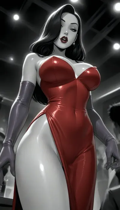 Score_9, score_8_up, score_7_up, ((reiq style)), masterpiece, best quality, high resolution, hires, score_9, score_6_up, (Jessica Rabbit:1.4), incase, style, ratatatat74, solo, view from below, close up, red dress, hourglass body, wide hips, thick thighs, purple arm-length gloves, eyes looking at viewer, detailed pupils, standing, singing, vagina, detailed, dark, nightclub, (MONOCHROME:2), <lora:ratatatat74-000050:1.3>