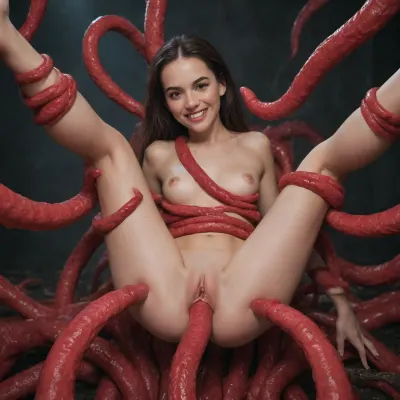 Skinny 18 year old girl getting fucked by tentacles, tentacle sex, tentacle in vagina, tentacles holding her legs open, tentacles wrapped around her waist, tentacles fondling her boobs, tentacles wrapped around her arms, tentacles wrapped around her wrists, tentacles restraining her, tiny tits, young face, (girl's eyes glowing bright red as the tentacles take control of her mind), mind controlled girl, (possessed girl), hypnotized, brainwashed, eyes wide open, girl grinning as the tentacles control her body and mind, evil smile on her face, thoroughly enjoying what's happening to her
