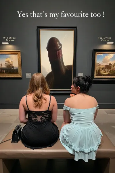 Inside a large art gallery, in one of the display rooms. We see the backs of two young women as they sit on the central bench and admire the artworks on the far wall.
One woman is a voluptuous honey-blonde, wavy hair, spaghetti strap black lace dress, with a black handbag. The other woman is brunette, chubby, black hair in a messy updo, off-the-shoulder pastel blue sundress with ruffled edging. Both staring at the central painting.

The paintings on the wall are, on the right The Haywain by Constable, on the left The Fighting Tameraire by Turner, in the middle is a big painting of a giant black erect penis with a big exposed glans against a light background.
Each painting individually lit by a small spotlight above them.

Dark cinematic lighting. Viewed from a high angle.
Both women appear to be masturbating but their position hides the action.
Text box at top “Yes that’s my favourite too ! “