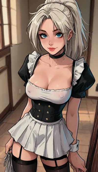 (1 girl solo), ((1 girl)), white hair, long hair ponytail, (big lips), ((Insanely hot skinny college student)), (sexy abs:1.2), (slight smile), (white sneakers), (clubfoot:1.3), (athletic body:1), (white pleated micro skirt), (hip gap:1.4), (narrow waist:1.5), (erected nipples:1.2), ((perky medium tits)), (horny face), (black choker), (cleavage), (view from above:1.1), ((black stockings)), garter belt, long legs, (maid outfit), (Dressed like a maid), ((Melkor mancin meet markgavatino style)), reiq style, ratatatat74, SamDoesArts, <lora:LCMTurboMix_Euler_A_fix:1.1>, <lora:ratatatat74-000050:1.8>, <lora:mk_Bp Anime_xl:1.2>, <lora:焦茶_XL:2>, <lora:SDXLSamDoesArts:1.6>