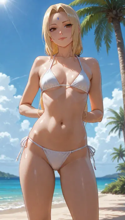 Tsunade, (Naruto), slender body, skinny, small breasts, on the beach, blue Sky, under Palm tree, sun bathing, white bikini, legs visible, legs apart, mischievous smile, top-front view