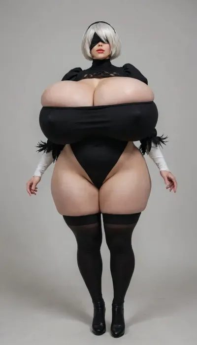 (huge chubby belly pushing on leotard), standing straight, front view, simple background, (((((huge gigantic breasts))))), saggy breasts, powerful stance, hands on sides, nipple bulge, type2b, black_blindfold, black_hairband, black_dress, huge cleavage, A beautiful volumptuous woman with white short hair wearing a black blindfold while she cosplays as Yorha 2b from nier automata, 2b, Yorha 2b, Yorha 2b cosplay, black blindfold covering both eyes, serious mouth, (wide hips), (huge gigantic hips), ((huge ass)), hourglass shape, tight black and white leotard, leotard is doing a wedgie, labia, pussy labia, labia noticeable on leotard, thin leotard, overflowing breasts, feather-trimmed_sleeves, white_hair, <lora:type2B_XL_0_:.8>