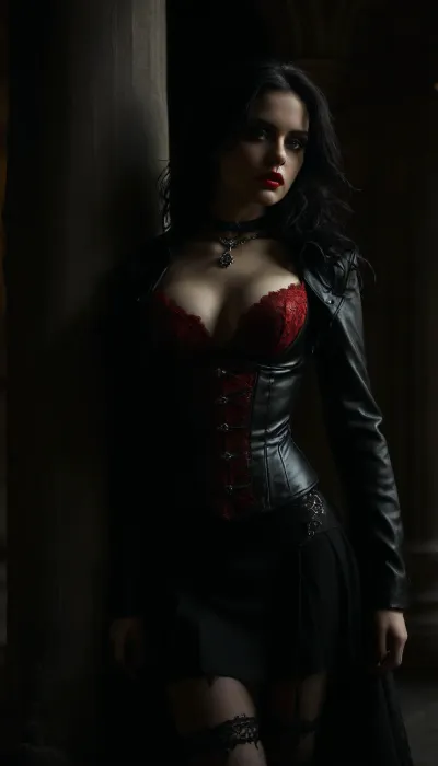 ultra-realistic photo, hyperdetailed, 8k resolution, cinematic lighting, masterpiece, (full body shot:1.2), she is a stunningly beautiful young goth woman in her early 20s with a pale porcelain complexion leaning seductively against a stone pillar of a gothic architectural building. She has long, wavy jet-black hair parted in the middle, piercing dark eyes accentuated with heavy smoky eyeliner, and full lips painted with vibrant red lipstick. She looks directly into the camera with a confident and alluring gaze.

Her outfit is extremely detailed and provocative, she wears an open, long black leather trench coat with wide lapels. Underneath, a tight-fitting black leather overbust corset with pronounced vertical boning cinches her waist, pushing up her ample breasts which are spilling out. Peeking provocatively from the deep V-neckline of the corset is a vibrant, ((red lace balconette bra)), its intricate floral pattern creating a stark contrast. She wears a very short, pleated black faux-leather mini-skirt, cinched at her waist with a thin black leather belt and a simple silver buckle. The extremely short skirt reveals her upper thighs, adorned with black leather garter straps with silver buckles. A glimpse of an intricate black ink tattoo is visible on her upper right thigh, just below the hem of her skirt.
Around her neck, she wears a layered combination of necklaces, a wide black leather choker with an ornate circular silver pendant, a second silver filigree necklace, and a longer, thin chain with a dark pendant that dangles into her deep cleavage. Her fingernails are painted with glossy red nail polish., <lora:dark:.8>, <lora:MJ52:.8>