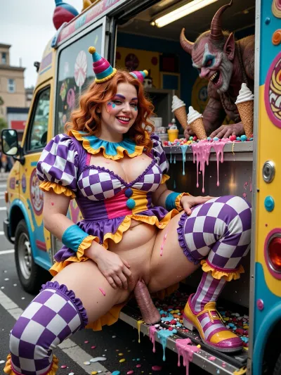 A curvy, chubby redheaded woman with a playful smile wears a vibrant clown costume featuring bold purple-and-white checkered patterns, colorful makeup, and oversized clown accessories. She is inside the open back of a brightly colored ice cream truck parked in a public setting. She is getting her vagina penetrated by a demon clown man with a massive pebis inside the truck. Melted ice cream, cones, sprinkles, and colorful toppings are spilled throughout the interior, creating a chaotic, messy scene. The truck's serving window and open rear doors reveal the colorful interior, contrasting the whimsical carnival aesthetic with the intimate encounter. Highly detailed, vibrant colors, cinematic lighting, realistic textures, dynamic composition, high-resolution., (Make sure to show penis entertaining vagina)