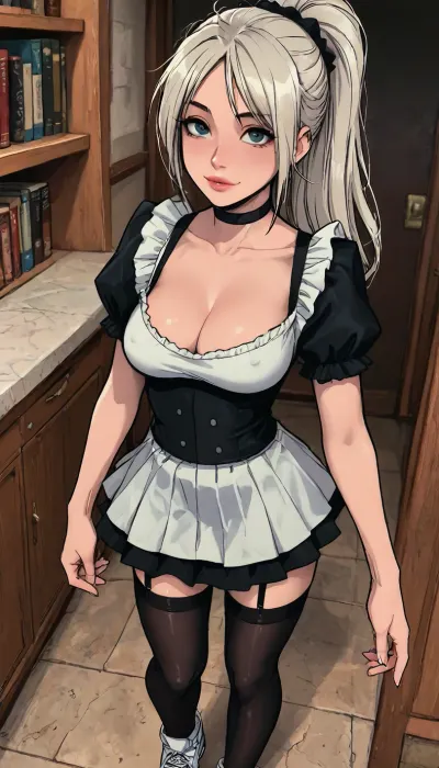 (1 girl solo), ((1 girl)), white hair, long hair ponytail, (big lips), ((Insanely hot skinny college student)), (sexy abs:1.2), (slight smile), (white sneakers), (clubfoot:1.3), (athletic body:1), ((white pleated micro skirt)), (hip gap:1.4), (narrow waist:1.5), (erected nipples:1.1), ((perky medium tits)), (horny face), (black choker), (cleavage), (view from above:1.1), ((black stockings)), garter belt, long legs, (maid outfit), (Dressed like a maid), ((Melkor mancin meet markgavatino style)), reiq style, ratatatat74, SamDoesArts, <lora:LCMTurboMix_Euler_A_fix:1.1>, <lora:ratatatat74-000050:1.8>, <lora:mk_Bp Anime_xl:1.2>, <lora:焦茶_XL:2>, <lora:SDXLSamDoesArts:1.6>