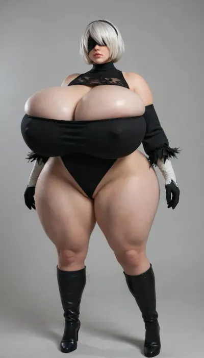 A beautiful volumptuous woman with white short hair wearing a black blindfold while she cosplays as Yorha 2b from nier automata, 2b, Yorha 2b, Yorha 2b cosplay, black blindfold covering both eyes, serious mouth, (wide hips), (huge gigantic hips), ((huge ass)), hourglass shape, tight black and white leotard, leotard is doing a wedgie, labia, pussy labia, labia noticeable on leotard, thin leotard, overflowing breasts, (huge chubby belly pushing on leotard), standing straight, front view, simple background, (3/4 view), ((((huge gigantic breasts)))), saggy breasts, powerful stance, hands on sides, nipple bulge, type2b, black_blindfold, black_hairband, black_dress, huge cleavage_cutout, feather-trimmed_sleeves, white_hair, <lora:type2B_XL_0_:.8>