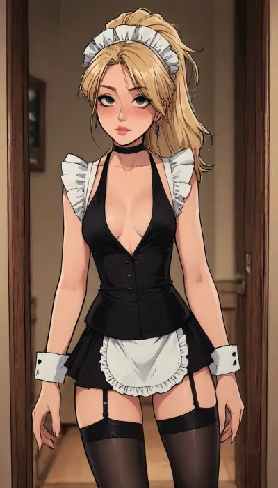 (1 girl solo), ((1 girl)), blonde with a model appearance, long hair ponytail, (big lips), ((Insanely hot skinny college student)), (athletic body:1), (black micro skirt), (hip gap:1.3), (narrow waist:1.5), (erected nipples:1), ((perky medium tits)), (horny face), (black choker), (plunging neckline), ((black stockings)), garter belt, long legs, (Dressed like a maid), ((Melkor mancin meet markgavatino style)), reiq style, ratatatat74, SamDoesArts, <lora:LCMTurboMix_Euler_A_fix:1.1>, <lora:ratatatat74-000050:1.8>, <lora:mk_Bp Anime_xl:1.2>, <lora:焦茶_XL:2>, <lora:SDXLSamDoesArts:1.6>