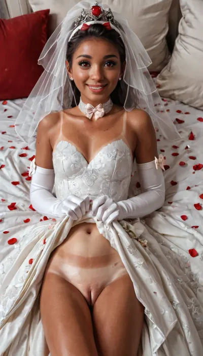 1girl, solo, pussy, dress, clothes_lift, no_panties, long_hair, hair_over_one_eye, realistic, dress_lift, brown_hair, (wedding_dress with veils and syockings:1.4), lips, smile, uncensored, looking_at_viewer, (elbow gloves:1.3), (lying on red_bed:1.7), (close view:1.9), (choker:1.3), (wearing a crown_hairband with bows:1.8), (tan lines:1.6), (above over up top viewer view:1.7)
