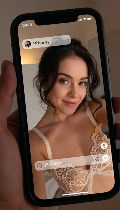 A highly detailed, realistic, and atmospheric close-up photograph focusing on the screen of a modern smartphone held in someone's hand. The phone's screen is in sharp, crisp focus, capturing the glowing digital interface of a messaging app. Overlaying the image on the screen is a typed text bubble that reads "Hi honey" in a clean, soft digital font.

Displayed on the phone's screen is a freshly taken, intimate self-portrait, (selfie), of an breathtakingly beautiful 25-year-old woman. She has delicate, classical facial features, high cheekbones, a soft, warm complexion with faint freckles across her nose, and a captivating, playful smile. Her expressive, warm hazel eyes are looking directly into her phone's camera with a gaze full of affection. Her dark, messy hair is effortlessly tousled, falling in loose, natural waves around her face and shoulders. She is posing candidly, wearing exquisite, intricate transparent lace lingerie that beautifully complements her skin tone, detailing the fine textures of the lace straps across her shoulders and collarbones. The bedroom behind her in the selfie is bathed in a warm, soft, golden light, casting gentle shadows and creating a cozy, intimate atmosphere.

The hand holding the physical phone, as well as the background of the main photo, are softly blurred with a shallow depth of field, (bokeh), ensuring the viewer's eye is drawn entirely to the vivid, glowing screen, the incredibly detailed selfie, and the sweet text message. The overall shot features the subtle grain, realistic screen reflections, and cinematic mood of a professional lifestyle photograph.