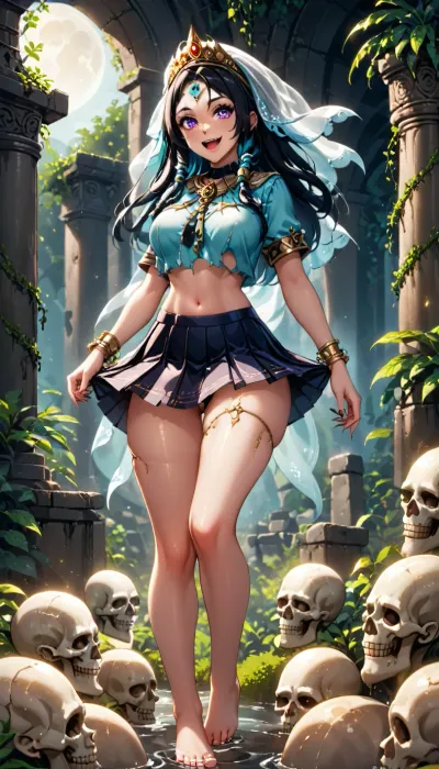 A girl with anthracite-colored hair pulled back in an elaborate coiffure of intertwined dreadlocks decorated with baked clay beads and tiny silver pendants stands in the middle of an abandoned cemetery in the thick night. With her ample breasts, narrow waist and rounded hips, her figure is wrapped in a draping fabric in warm golden tones, reminiscent of the ancient veil of a priestess — the material shimmers in the moonlight, exposing the curves of her body and creating a contrast between sacred aesthetics and sensual appeal. A face with sharp cheekbones, a high forehead, and full lips the color of ripe cherries looks both fragile and dangerous, the eyes are lined with black eyeliner that accentuates the greenish sparkles in the irises, and on the bridge of the nose you can see a thin vertical tattoo line that turns into a pattern on the forehead. A Gothic tiara of blackened silver with spikes and amethyst inserts crowns her head, combined with massive bracelets made of bone and turquoise, tiered obsidian beads and a necklace with an inverted crescent pendant. On the neck and wrists there are traces of ritual incisions, covered with amulets with engraved runes. She leans over the sagging headstone, resting her palm on the marble slab covered with moss and cracks, and her fingers, with their long nails painted black, touch the names carved on the stone. A wicked grin plays on her lips, revealing fangs with drops of blood-red luster, and sparks of witchfire flicker in the depths of her pupils. Shadows swirl around her, taking on the shapes of ravens and smoke, and a semi-transparent haze snakes under her feet, in which you can guess the silhouettes of skeletons. The moonlight filtering through the clouds sets off her figure, emphasizing both fragility and menace, sexuality and mystical power — she is like the embodiment of an ancient spell that attracts the eye with its demonic grace and promise of forbidden secrets., 1girl, spdbdl, black, hair, long, floating, white, eyes, no, pupils, blue, skin, bandages, injury, navel, sarashi, barefoot, open, mouth, short, headband, pleated, skirt, school, uniform, shirt, thighhighs, torn, clothes, blood, on