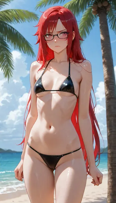 Karin, (Naruto), petite body, athletic Body, skinny, Small breasts, hip-long hair, vibrant cherry-red hair, asymmetrical haircut, messy spiky hair on the right side, straight chin-length hair on the left side, striking reddish-pink eyes, sharp facial features, pale skin, rectangular eyeglasses with dark frames, on the beach, blue Sky, under Palm tree, sun bathing, Standing, bikini, legs visible, blushing, tsundere