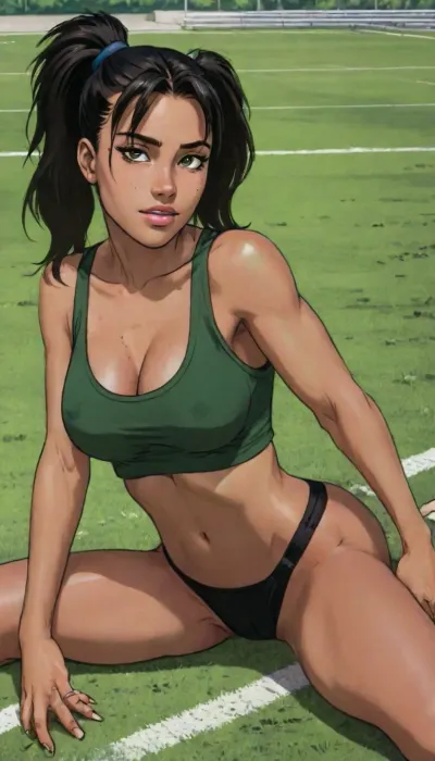 ((2D Hentail Drawing Comic)), 20 yo skinny female, tiny breasts, small ass, DC Comics, Marvel art style, African supermodel, fair skin, extremely sunburned skin, black hair, 2 ponytails hairstyle, wearing black tank top and panties, after sex, Lying on the floor, hand in panties, very long hair, football field background, green outdoor setting, 8k, cover art quality, professional illustrashion, <lora:igbaddie-XL:1.8>, <lora:outline_xl_kohaku_delta_spv5x:1.2>, <lora:NEOTOKIOXL_0.2_RC:1.1>, <lora:Ppolar-P3v1-NbVp10:1>, <lora:ThePitXL:1>