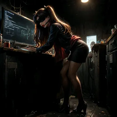 rin tohsaka from fate zero dross style reiq meets Laboratory, futuristic lab, neon lighting, jars, table, whiteboard, documents, computers, side view, full body, wide angle, zoom out, 1girl, Kim Possible, blindfolded, ball gag, (crying, excessive drooling), naked, beam harness, medium breast, pubic hair, collar, chains, shackles, on her back, legs apart, (missionary:1.3), (robot male:1.5), (black robot), (huge male:1.6), (huge penis:1.4), (spiked penis:1.4), (Vaginal sex), torso grab, female orgasm, ejaculation, trembling, people, group, voyeurs, (crowd:1.3), (surrounded), (multiple scientists:1.3), <lora:add-detail-xl:1.3>, <lora:attractive_notrigger:.6>, <lora:detailed_notrigger:.8>, <lora:LCMTurboMix_Euler_A_fix:1.2>, <lora:dark:.8>