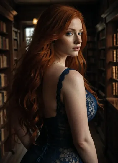 A beautiful, curvy woman with impossible very long, wavy red hair, blue eyes, freckles and a curvy figure with a narrow waist, curvy, round ass, big boobs, She is wearing a long lace sexy dress with a very low-cut neckline. we only see her from behind, in a beautiful, dark library, very tall bookcases with ladders. score_9, score_8_up, score_7_up, score_6_up, Uber realistic, 8k, ultra detailed, masterpiece, detailed hair, detailxl, <lora:dark:.8>, <lora:Fiona-000009:.8>, Long, hair, <lora:SDXL_long_hair_Sa_May:.8>