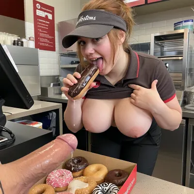 A Tim Hortons cashier—working behind the counter of the Canadian coffee and fast-food chain. She is an 18-year-old thick and short light auburn hair white pawg with 36DD massive tits. She has a cute smile and messy hair. She is wearing a very tight, dark brownish-grey polo shirt with red trim, tight black trousers, and a matching dark brownish-grey visor featuring the white "Tim Hortons" logo. she intensely licks a chocolate éclair in a very pornographic, slutty manner while touching her breasts over her polo shirt. A box of assorted donuts sits on the counter. Rising into the frame from below, an erect penis—with visible, glistening veins—appears over the donuts and ejaculates profusely onto them.