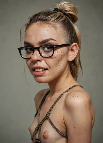 (((View from side))), Amateur photo, extremely realistic and detailed. View from front, is a girl, (1.5 m tall), (20 years old), (downsyndrom), skinny face and body, ((ugly face)), (punk makeup), (((young looking face:1.1))), freckles, (((small, very wide nose:1.3), hooked nose:1.3), (with a, (wild blonde hair tied up and a micro-bangs), big strong eyebrows, small dimples, square glasses, great teeth, ((pronounced cheekbones)), .))