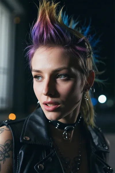 (avant-garde snapshot aesthetic, deep saturation, shadowy vignetting, light leaks, film grain, bokeh, night:1.4), vibrant punk rock hair, vintage analog lens